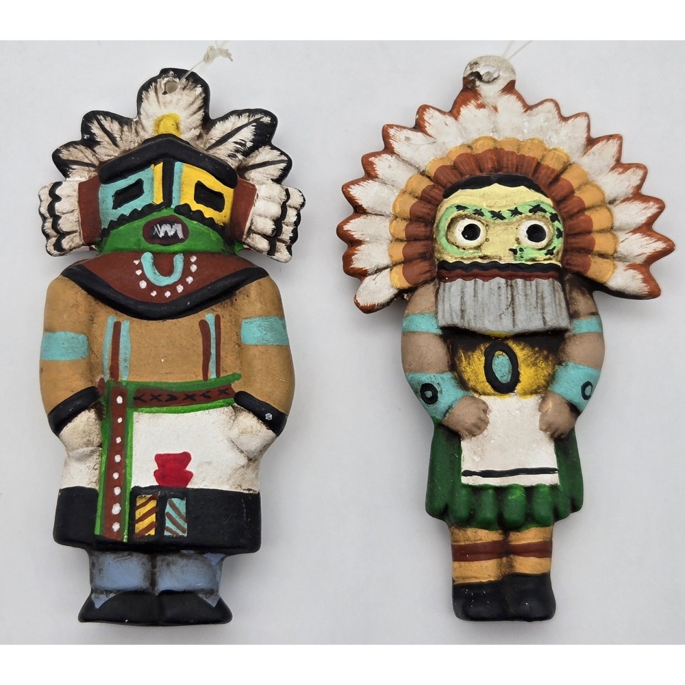 Hopi Style Kachina Doll Pair Native Southwest Wall Hanging Ornament Ceramic